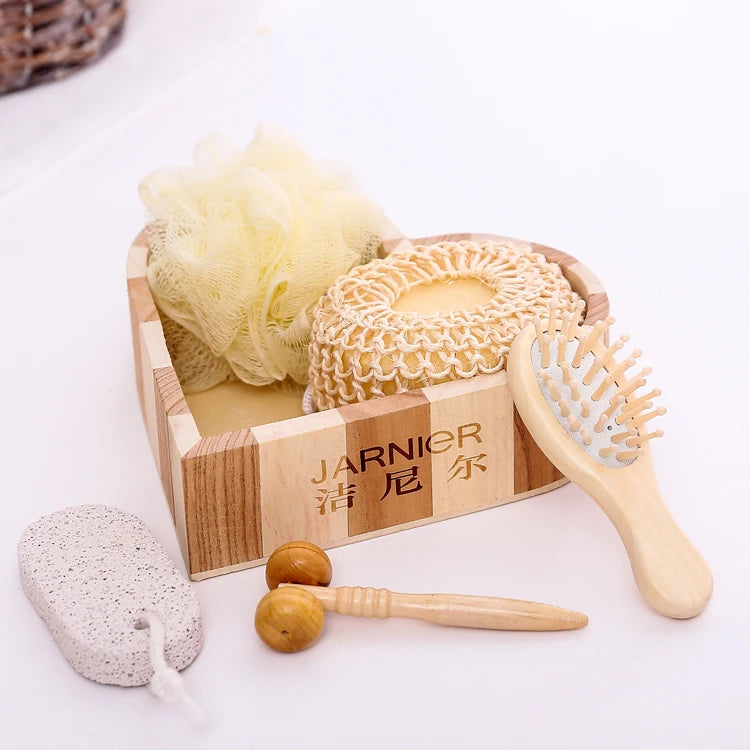 Promotional 6Pcs Spa Bath Beauty Gift Set Wooden Bath Set Including Hair Brush Pumice Stone Bath Pouf Sisal Sponge & Massager