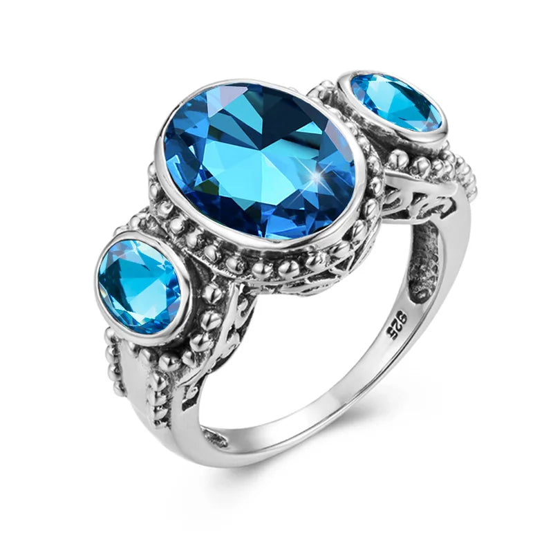Antique Turkish Style Religious Pattern Banquet Noble Bijoux En Gros Turqu Silver Jewelry 3 Stone Blue Topaz Ring Men