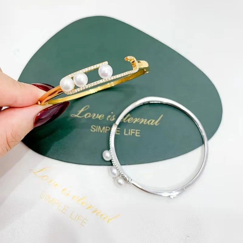 B337 6-7mm 925 Sterling Silver Gold Plated Wholesale Freshwater Pearl Charm Bracelet  Bangle Fancy Jewelry for Women