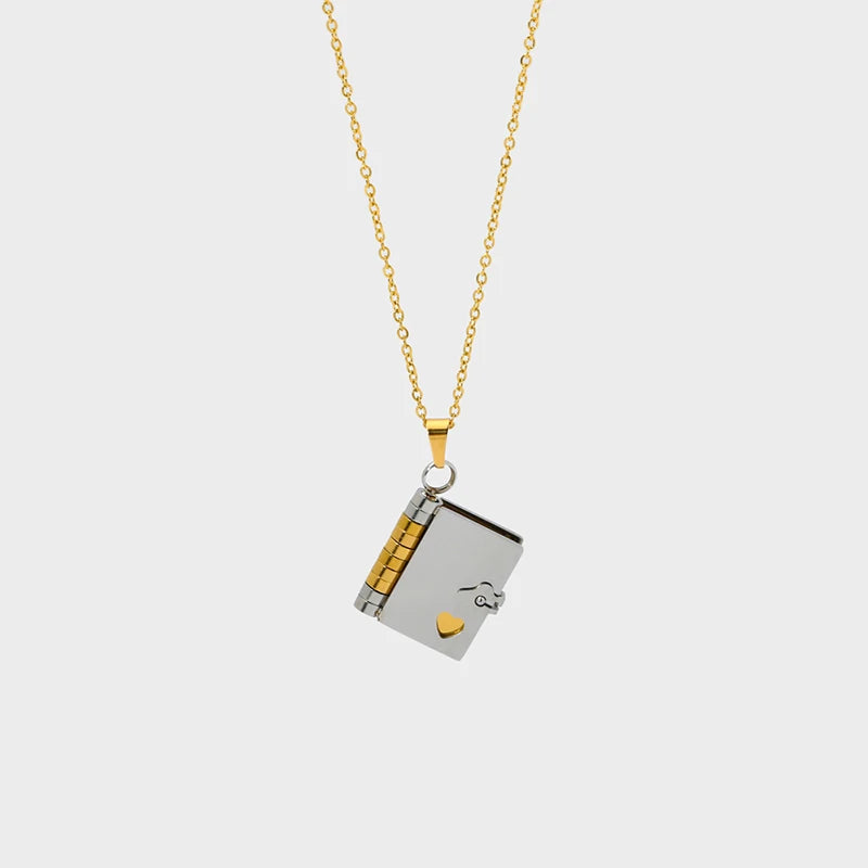 Hot Selling Trendy Customizable Stainless Steel Pendant Necklace Love Letter Book Opened Design Waterproof Unisex Lover's