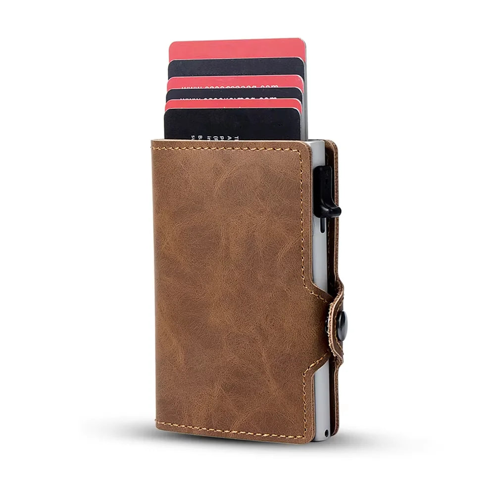 Ultra-Thin PU Leather RFID Blocking Slim Minimalist Wallet with Pop-up Metal Credit Card Holder Front Pocket for Business Cards