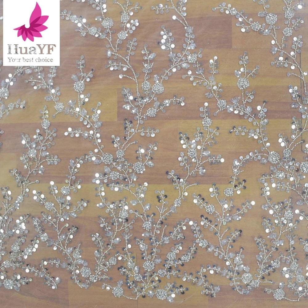 French White Bridal Lace With Beads and Crystal Sequins Net Embroidery Fabrics for Wedding Dress   HY1335-1