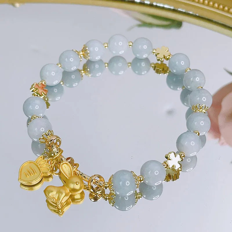 Cat Eye Stone Beads Bracelet Fashion Natural Stone Cute Gold Rabbit Charm Pendant Beads Bracelet for Women Beaded Bracelet