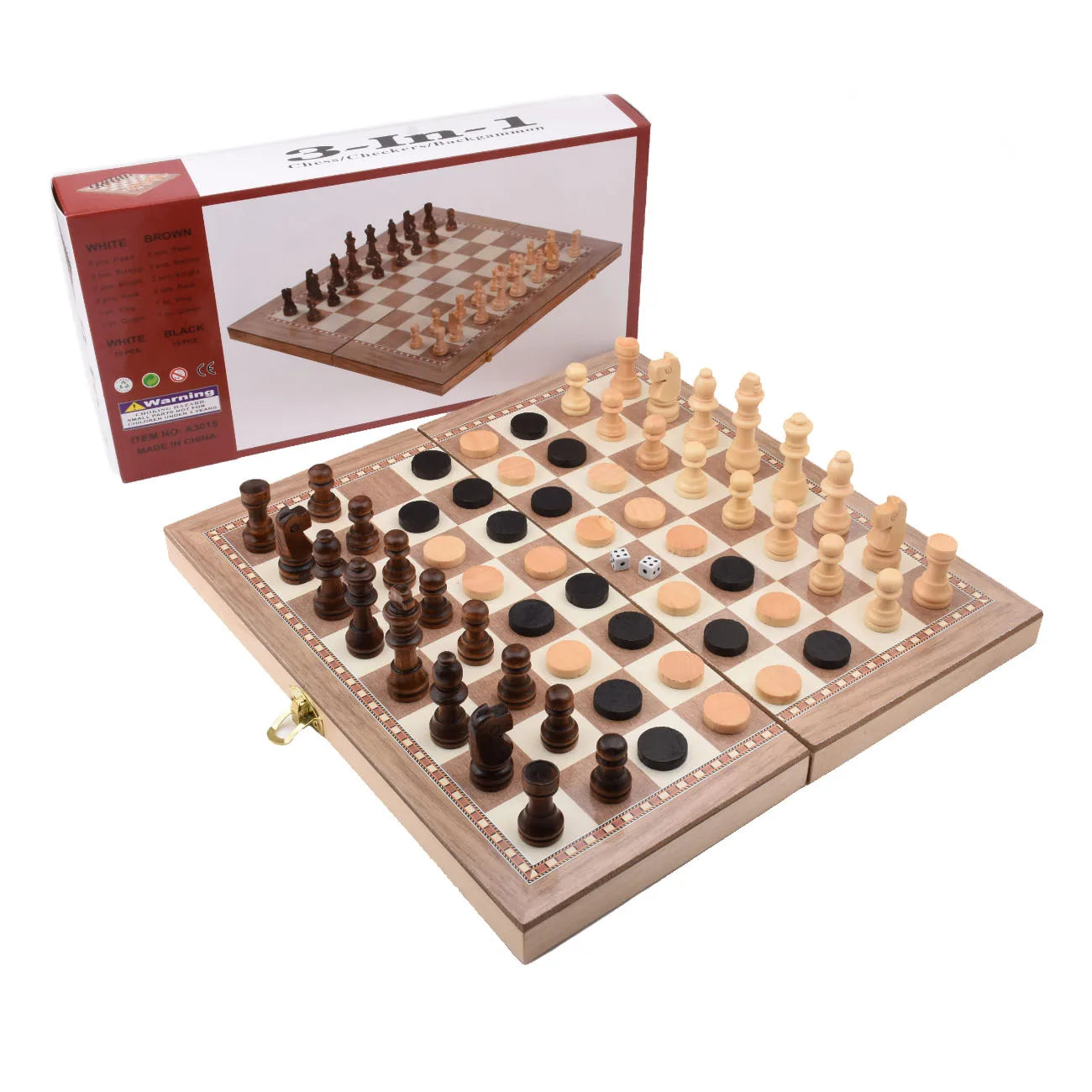 Flying Art CM-CH-001 3-in-1 Brown Wooden Backgammon Checkers Folding Board Chess Set 29x29cm for Kids Teens Adults Unisex Luxury