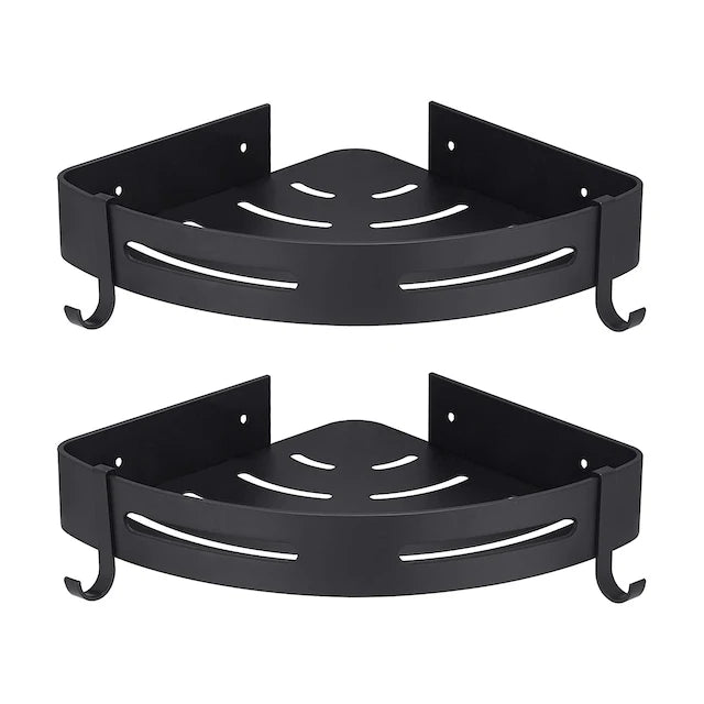 Provide Logo Matte Black Adhesive Caddy With 4 Hooks Corner Shower Shelf