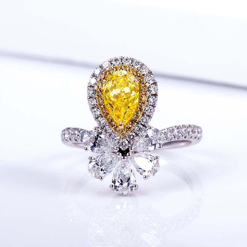 MSR-1494 18K White Gold Customized  D VVS2  CVD HPHT Pear Cut Fancy Vivid Yellow Lab Diamond  Ring