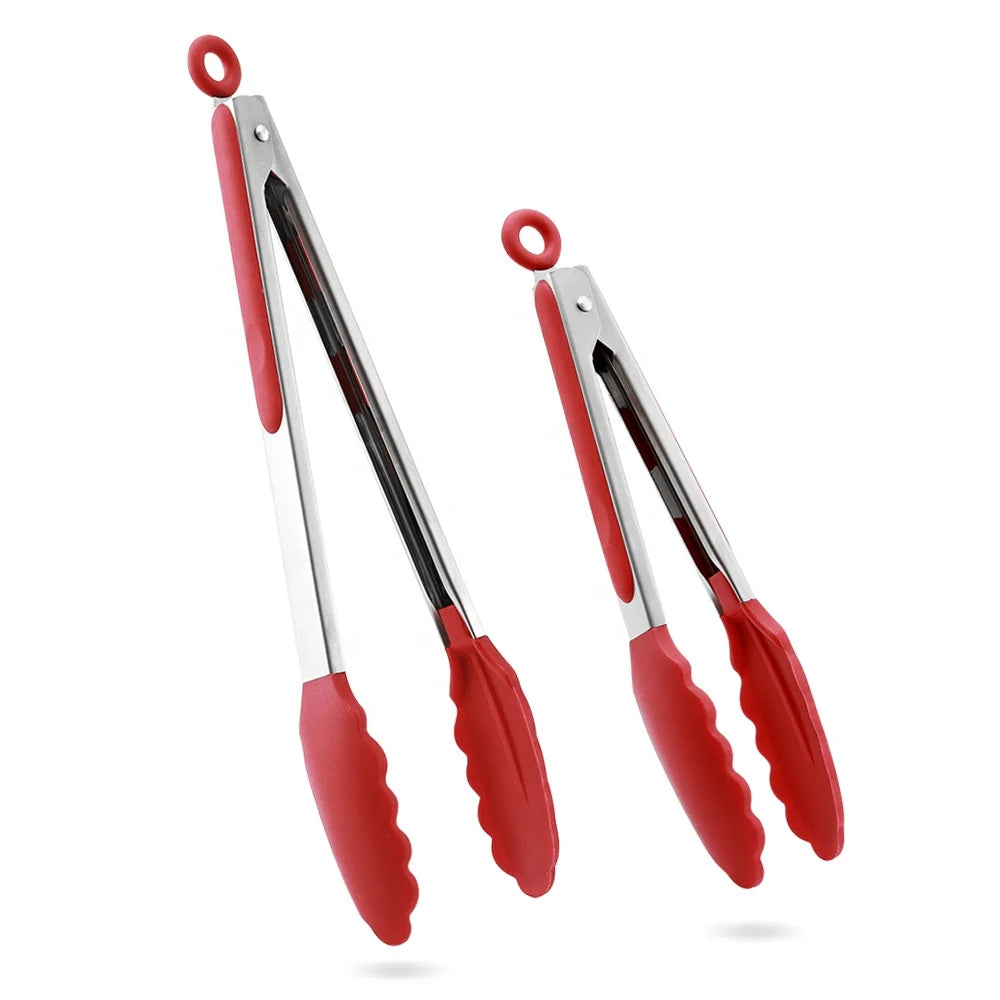 Silicone Gadget 9 12 Inch Heat Resistant Red Silicone Kitchen Food Tongs Set for Cooking