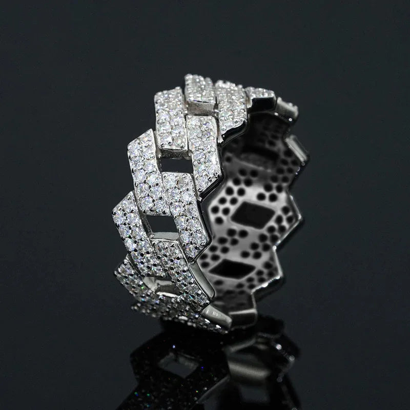 CAOSHI Classic Geometry Hollow Design Full Paved 3A Zircon Silver Plated Band Rings for Hip Hop Style Party Rings for Women/Men