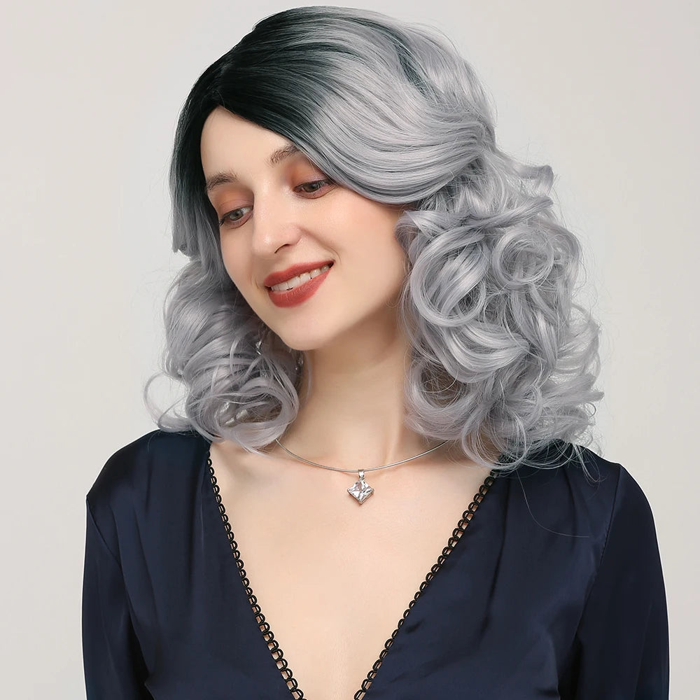 X-TRESS Highlight Ombre Silver Colored Synthetic Hair Wig for Women 12" Bob Side Part Curly Wig Heat Resistant Natural Hair Wigs