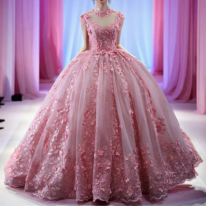 Pink Flower High Neck Ball Gown Evening Quinceanera Dresses Jancember RSM231104