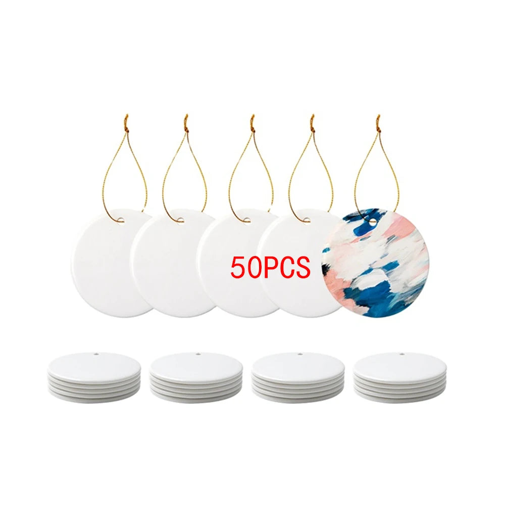 PYD Life USA Free Shipping 50pcs White Round Sublimation Christmas Ceramic Ornaments Blank with Gold String