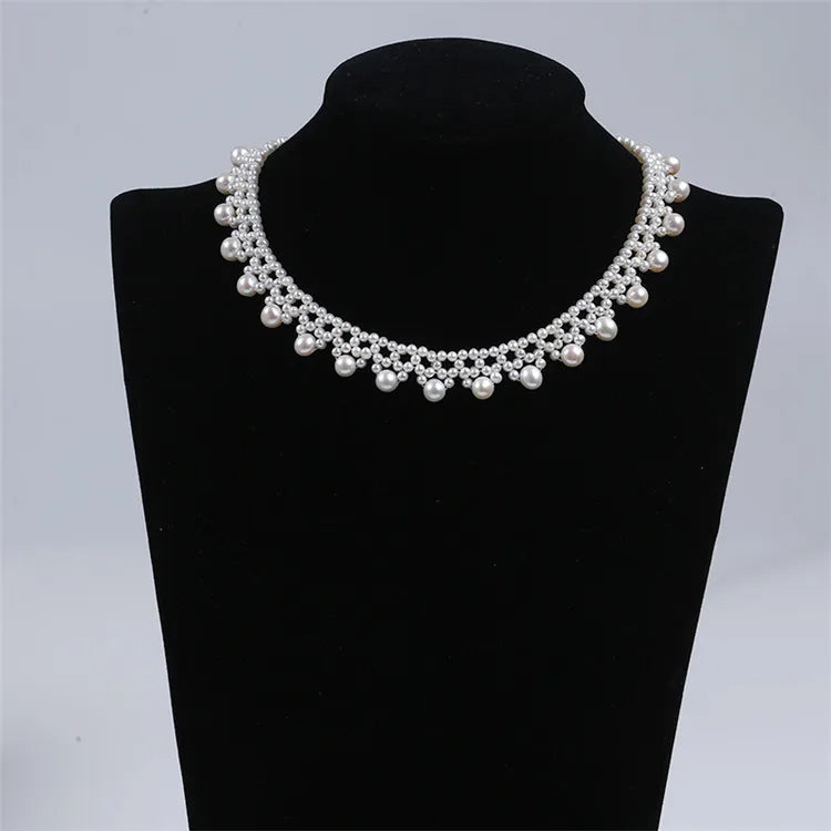 Elegant Handmade Choker Necklace Real Freshwater Near Round Pearl for Women