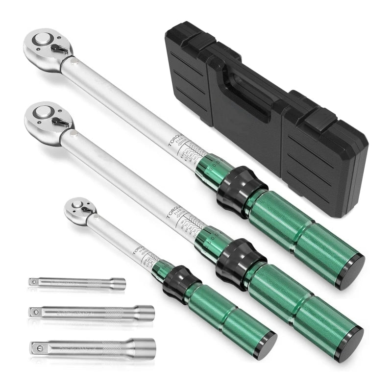 6pcs 1/4 3/8 1/2 Inch Drive Torque Wrench Set 20-220In.lb 15-90Ft.lb 30-170Ft.lb with Extension Bar for Bike Moto Car Repair