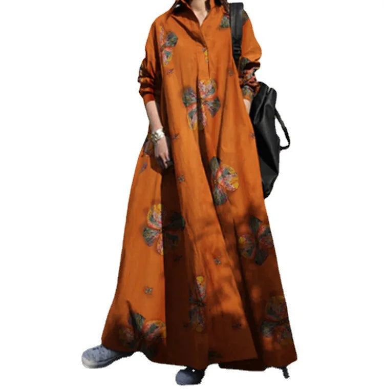 2023 Women Spring Cotton and Linen Printed Lapel Long-sleeved Pockets Simple Loose Literary Leisure Long Shirt Dress