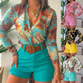 Shirt / Short Women Summer Suit High Waist Shorts Long Sleeve Shirts Printed Leisure Women Outfits Shorts New Beach Print Shirts