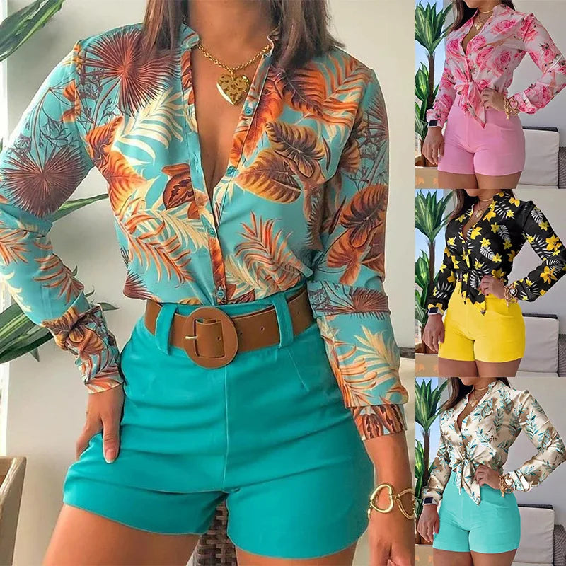 Shirt / Short Women Summer Suit High Waist Shorts Long Sleeve Shirts Printed Leisure Women Outfits Shorts New Beach Print Shirts