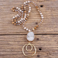 Summer Bohemian Women's Jewelry 8mm Natural Gemstone Knot Pic Jasper Druzy Necklace Matt Metal Circle Pendant Necklace