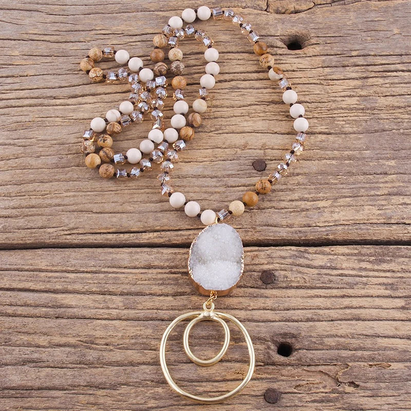 Summer Bohemian Women's Jewelry 8mm Natural Gemstone Knot Pic Jasper Druzy Necklace Matt Metal Circle Pendant Necklace
