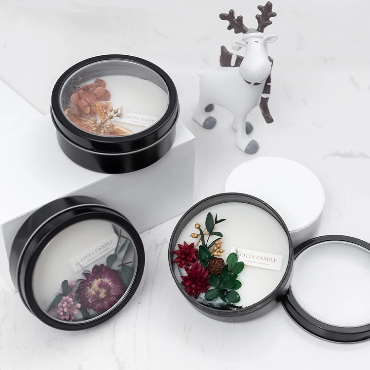 Luxury Customized Frosted Glass Jar Scented Candle in Tin Dry Flower Soy Wax Aromatherapy Scented Candles