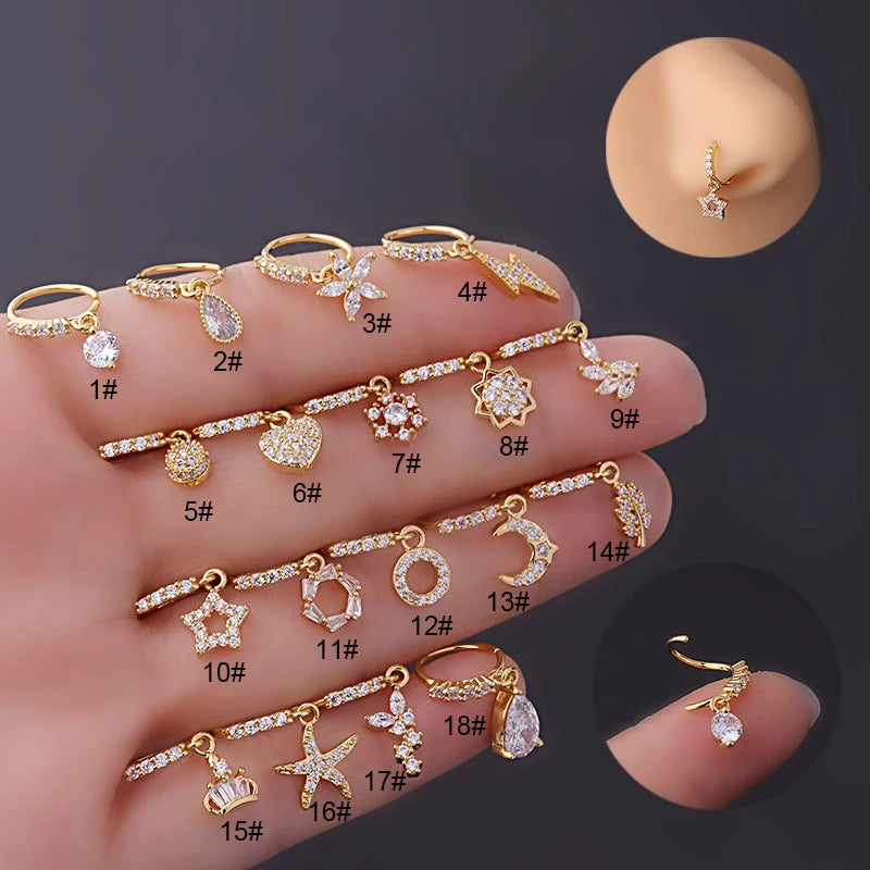 Wholesale Luxury Cute Designer Copper Non Piercing 14K Gold Hoop Nose Rings Dangle for Women