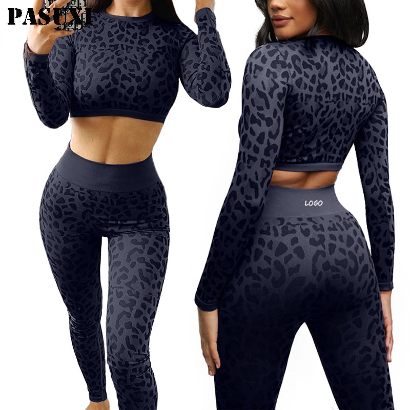 PASUXI Custom 2 Piece Wear Sets Sport Clothes Women High Waisted Workout Leggings Long Sleeve Leopard Yoga Set