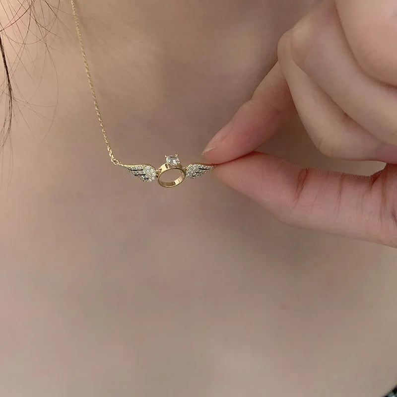Pure 925 Sterling Silver Clavicle Chain CZ Zircon Angle Wings Circle Ring Pendant Necklace for Women Jewelry