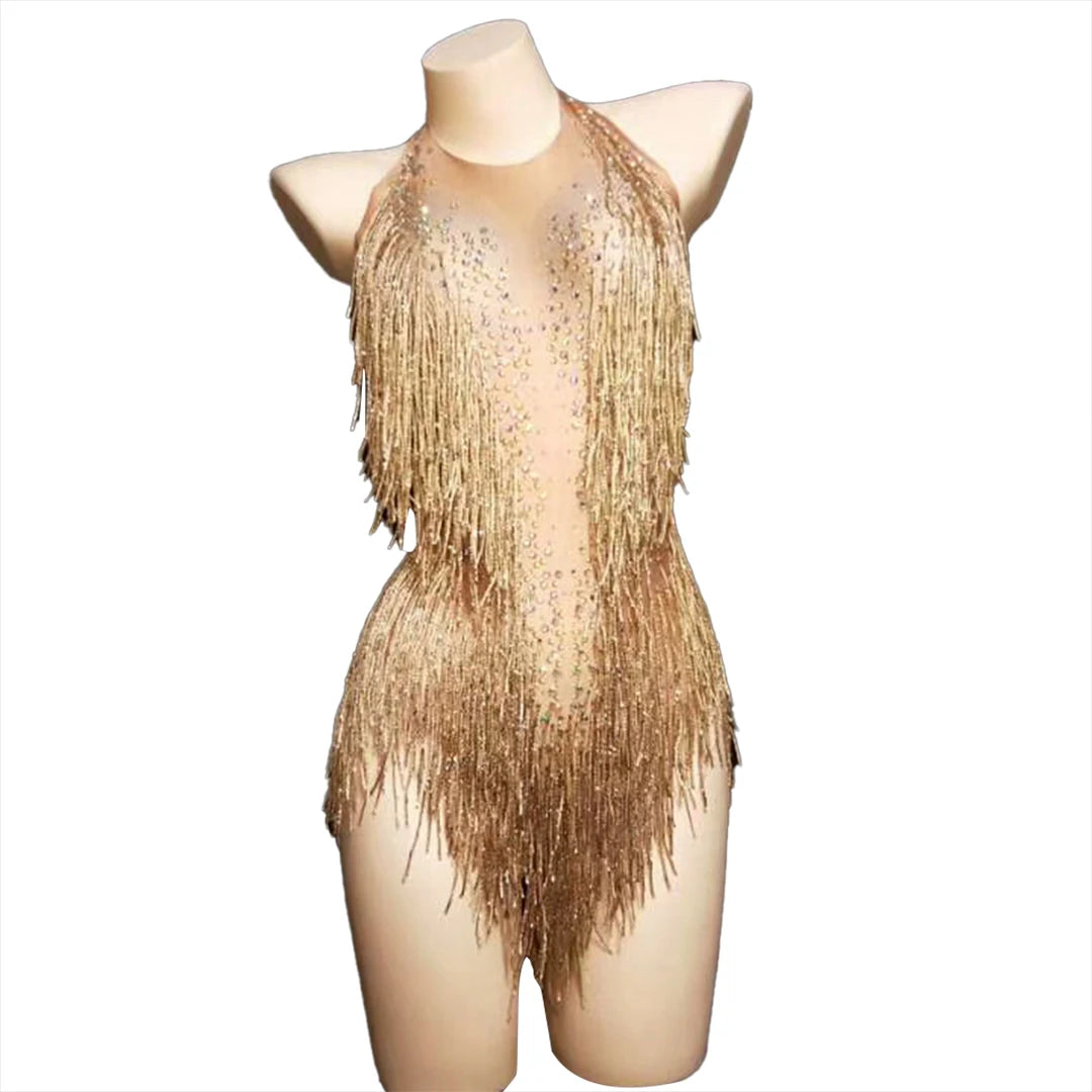Sparkly Golden Women Party Tassel Leotard Sexy Rhinestone Fringes Bodysuit Club Performance Wear Stage Dance Costumes