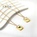 Ason 18K Gold Plating love Heart Shaped White Green Zircon Women Jewelry Necklace Stainless Steel Rectangular Pendant Necklace