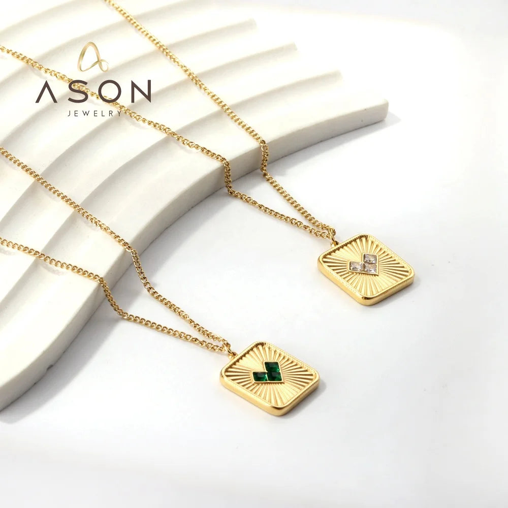 Ason 18K Gold Plating love Heart Shaped White Green Zircon Women Jewelry Necklace Stainless Steel Rectangular Pendant Necklace