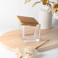 Clear Geometric Square Glass Candle Jar with Wood Lid Empty Home Use Wax Holder with Electroplated Spray for Christmas