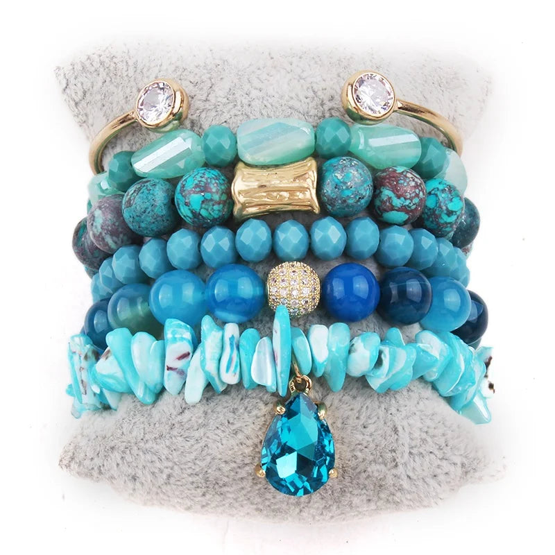 Newest 6pc Metal Cubic Zinc Open Cuff Bangle Stretch Natural Gemstone Crystal Glass Beads Bracelet Chip Stone Stack Bracelet Set