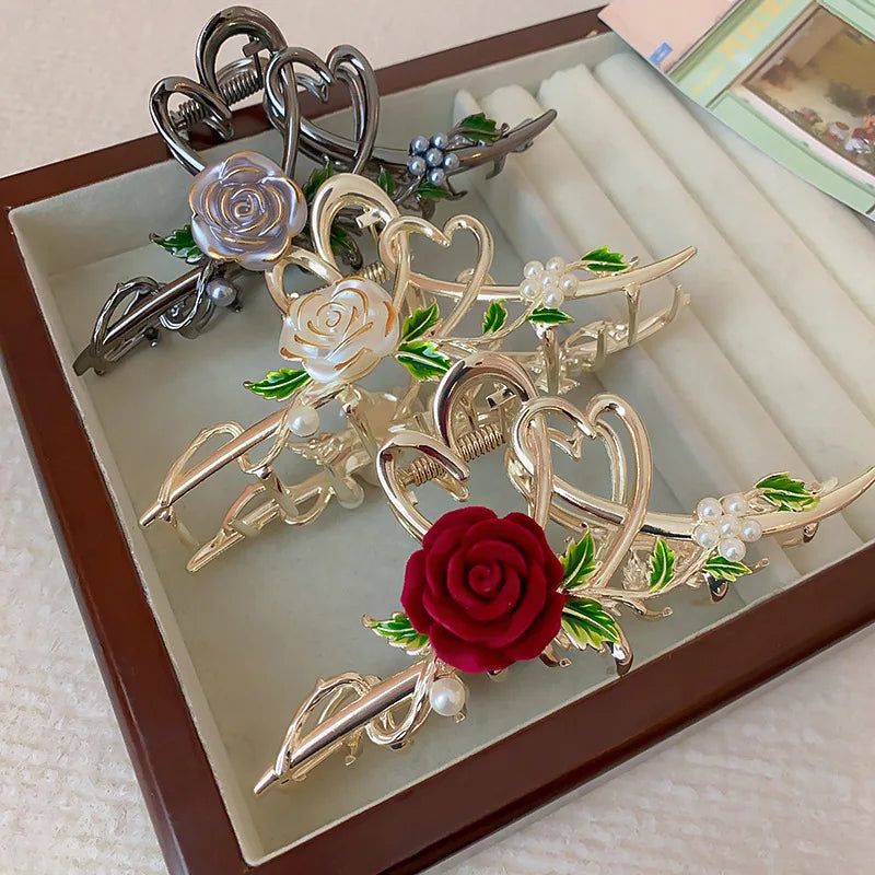11.5CM White Red Black Rose Flowers Pearls Hair Claw Clips for Women Zinc Alloy Hair Clamp Barrettes Shark Hairpins Wholesale