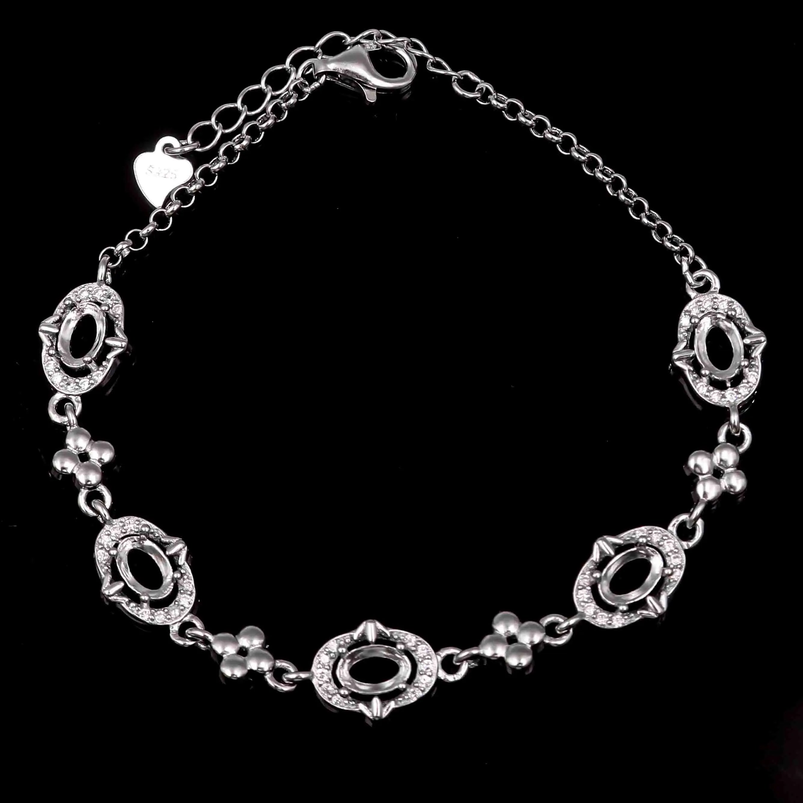 Sterling Silver 4*6mm Semi Mount Bracelet Empty Support Blank Claw Setting S925 Mountain Base Holder Without Stone Inlay for DIY