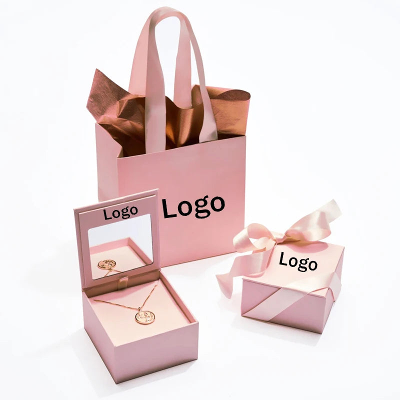 Custom Jewelry Box and Bag Packaging Customize Logo Design Jewelry Necklace Ring Earring Gift Set Luxury Jewelry Ribbon Boxes