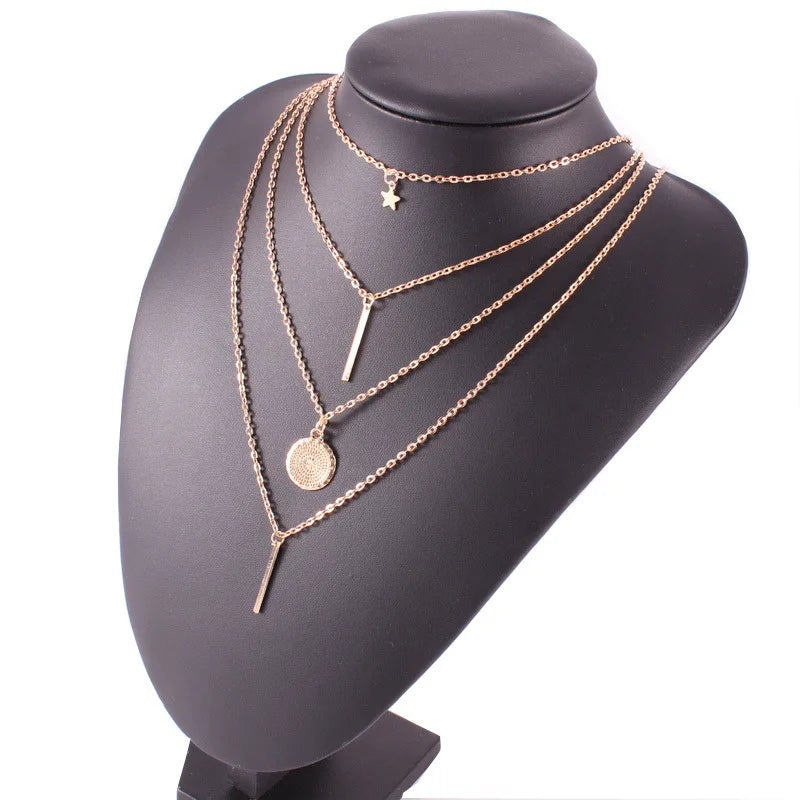 Fashion Retro Multilayer Star Alloy Chain Gold Pendant Necklace Set Charm Choker Necklaces for Women