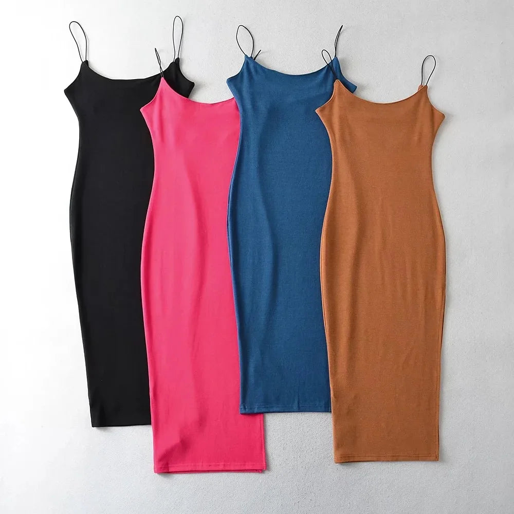 Summer Home Casual Wear Simple Stretch Slip Dress Fitted Slim Side Slit Dress for Womens