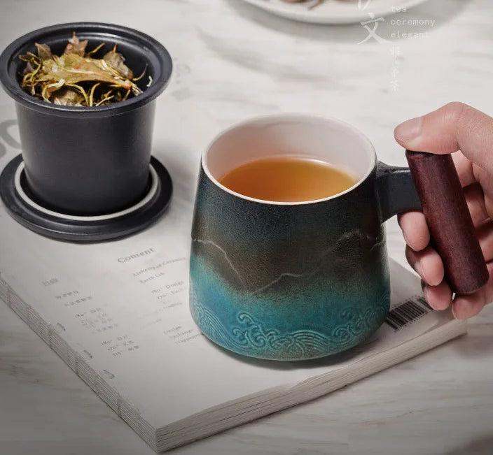 Ceramic Retro Coffee Cup Office Water Cup with Wooden Handle