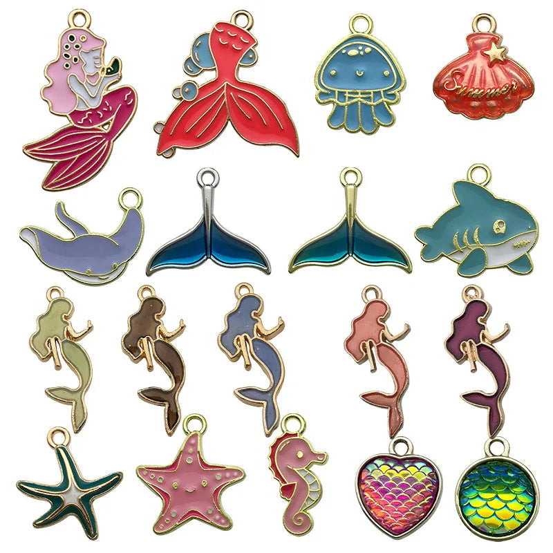 Oil Dropping Alloy Enamel Charms Ocean Shark Starfish Mermaid Dolphin Pendant for Jewelry Making DIY Bracelet Necklace