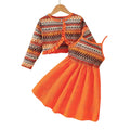Cross-Border Girls' Ethnic Style Jacquard Stitching Ruffled Long Sleeve Shawl Sling 2-Piece Set Dress