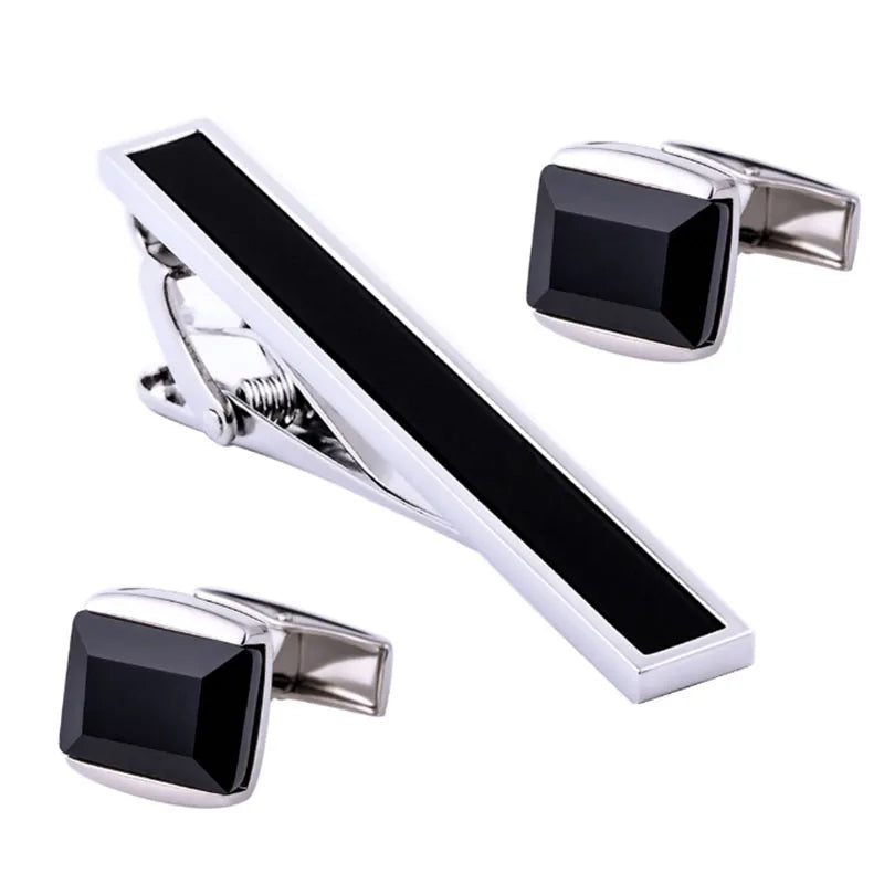 French Wedding  Copper Tuxedo Cufflinks and Tie Clips 3-piece Set Black Agate Cufflinks Men's Suit Buttons Sleeve Pin Cuff Link