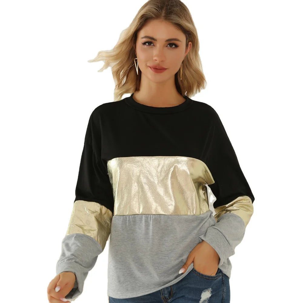 Fashionable Casual T Shirt With Golden Edge Stitching for Women s Autumn and Winter
