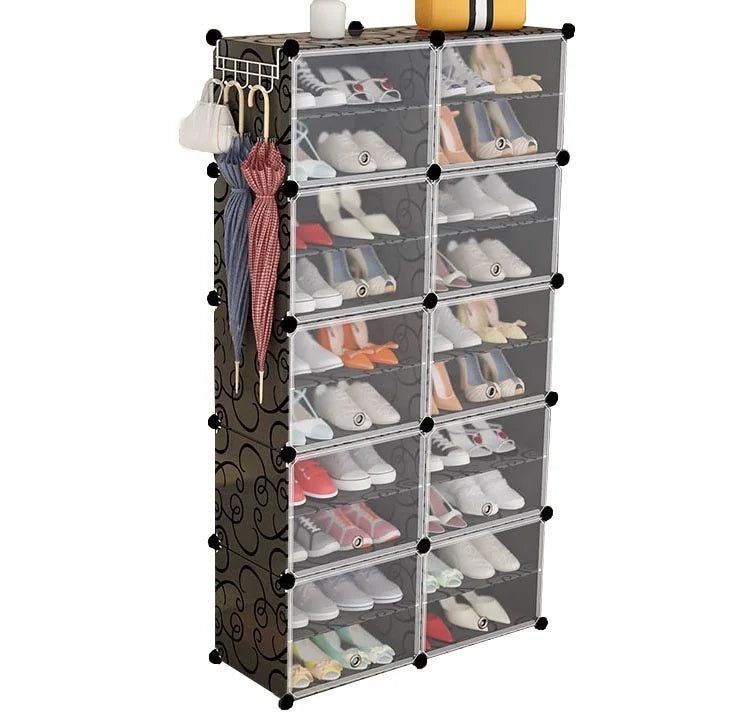 Modern Double Column 10-Layer Extendable Shoe Rack Storage Cabinet with Footwear Stand for Hotels & Living Rooms