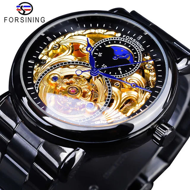 Forsining Mens Automatic Mechanical Watch Clock Gold Moon Phase Steel Strap Luxury Business Men Wrist Watches Relogio Masculino