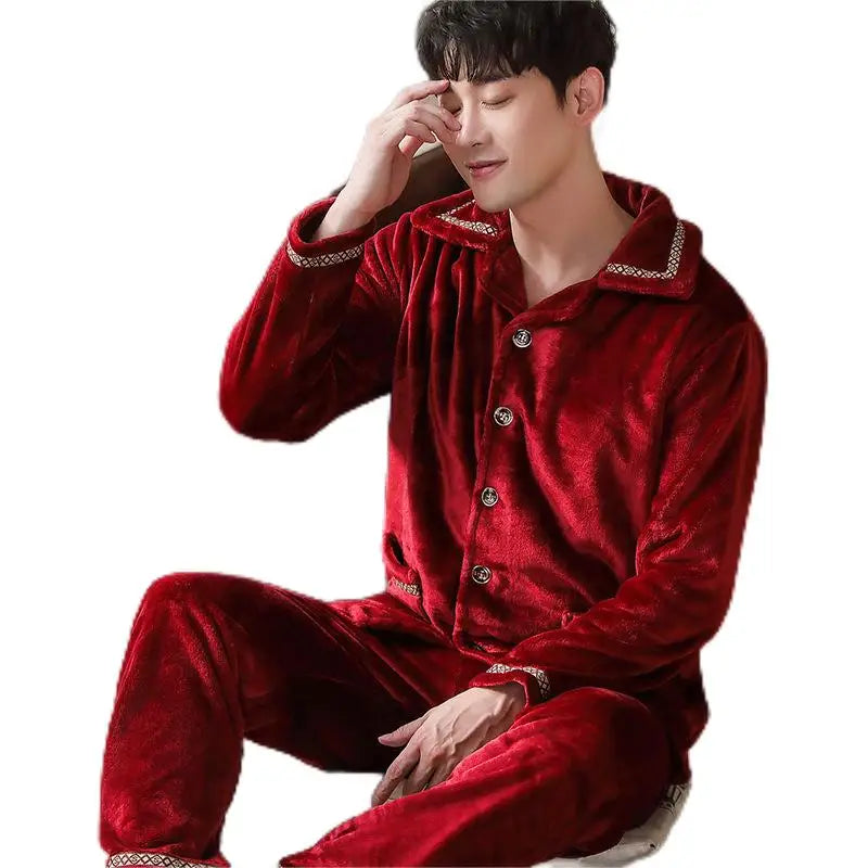 Fashion Men's Solid Pajamas Set With Coral Fleece Lapel Collar Long Sleeve Men Fleece Pajamas Red