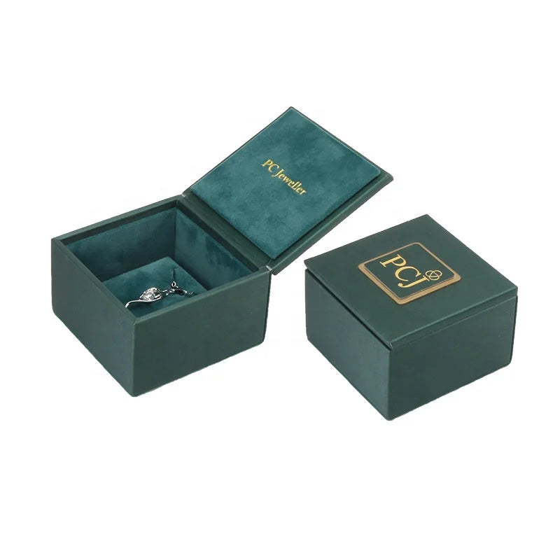 Green Faux Leather Handmade Luxury Necklace Earring Box Jewelry Pendant Packaging Custom with Gold Logo