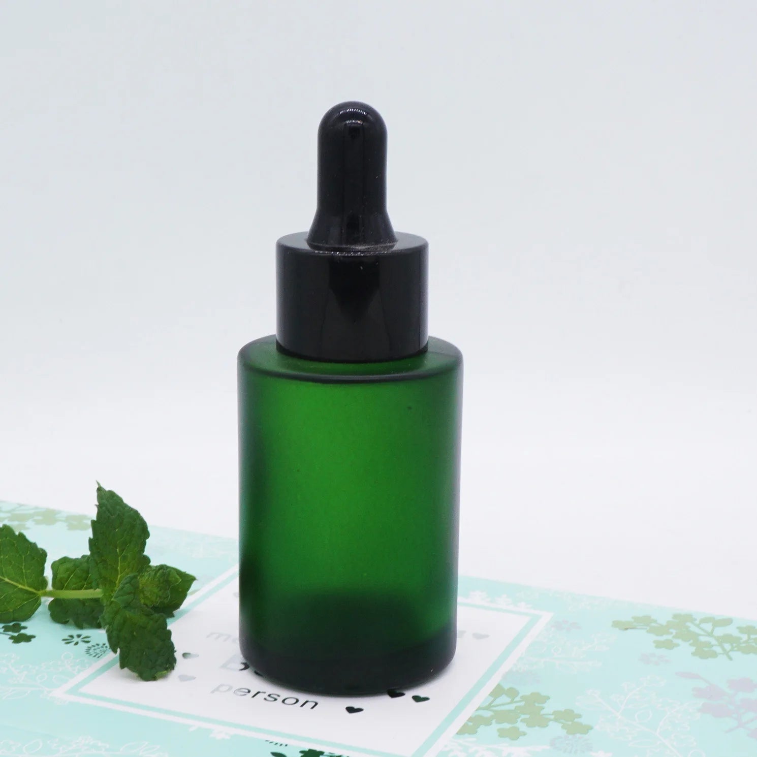 Luxury 1oz  Frosted Green 30ml Flat Shoulder Glass Bottle with Eye Dropper