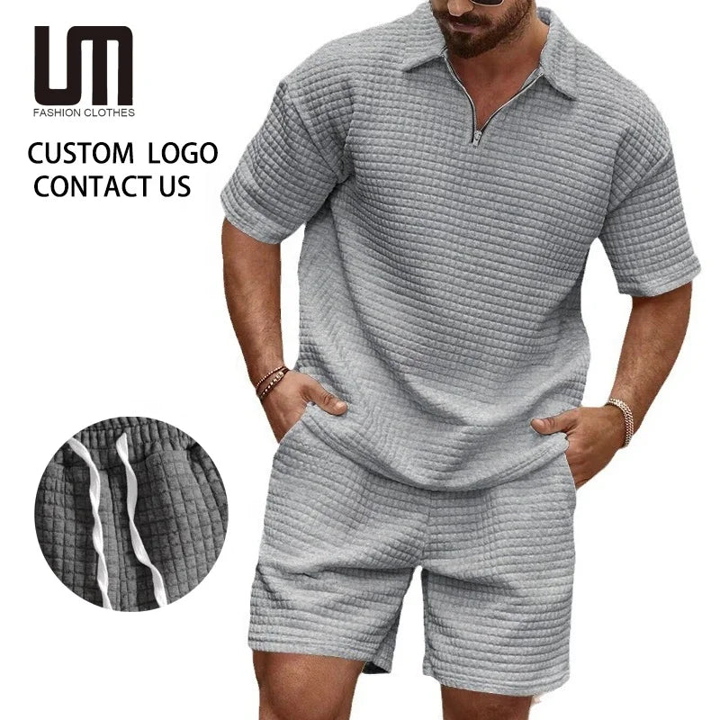 Custom Cheap Men's Summer Waffle Knit Polo Shorts Set Trendy 2-Piece Sportswear Comfortable Breathable Lounge Outfit