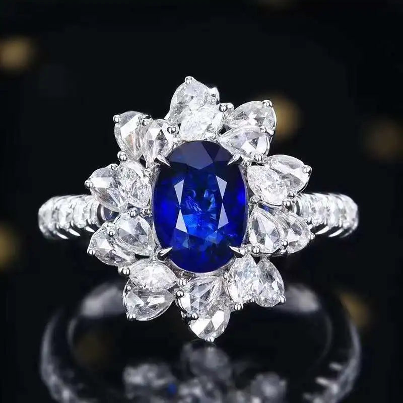 SGARIT Gemstone Jewelry 18K Solid Gold 2.24CT Diamond Blue Sapphire Ring AIGS Certificate Sapphire Wedding Ring for Women