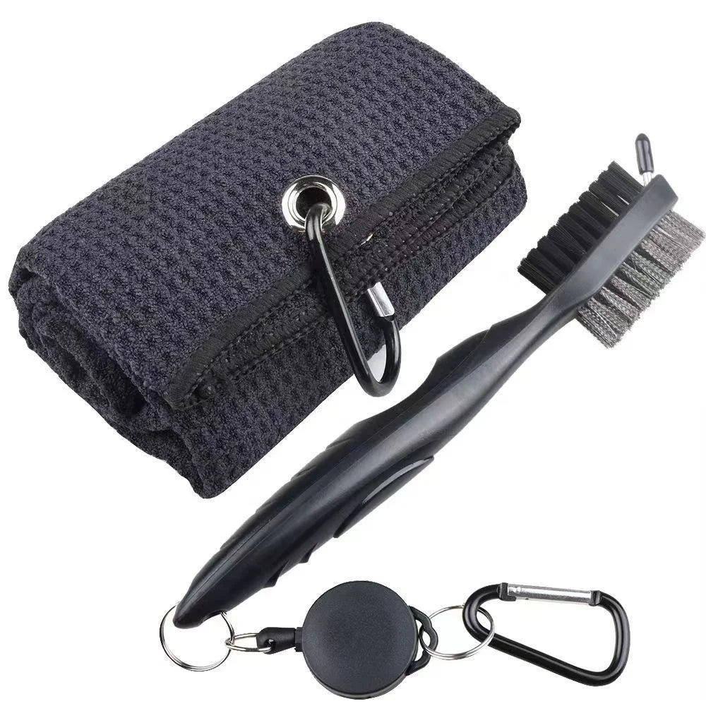 Microfiber Golf Towel & Double Sided Club Brush Accessory Kit for Convenient Golf Club Cleaning