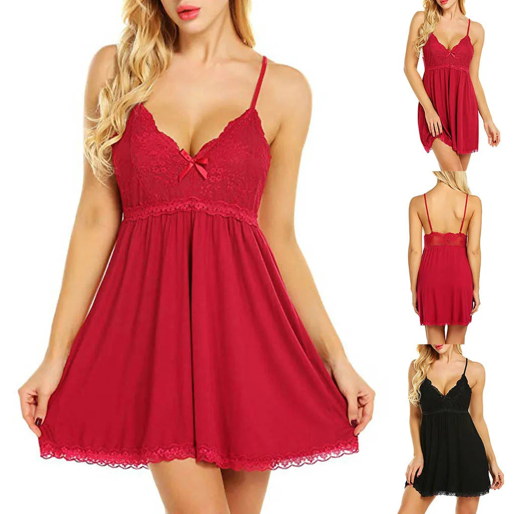 Fashion Nightgown Women Sexy Lace Nightdress Lingerie Dress Front Split Babydoll Deep V Neck Mesh See Through